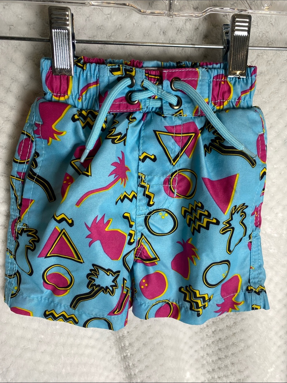 Beach Bros. Swim Trunks Shorts with Blue & Pink Retro Tropical Print